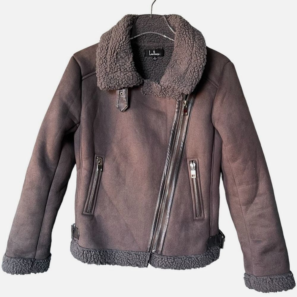 Lulus Game On Moto Jacket Womens S Dark Grey Faux Suede Sherpa Buckle